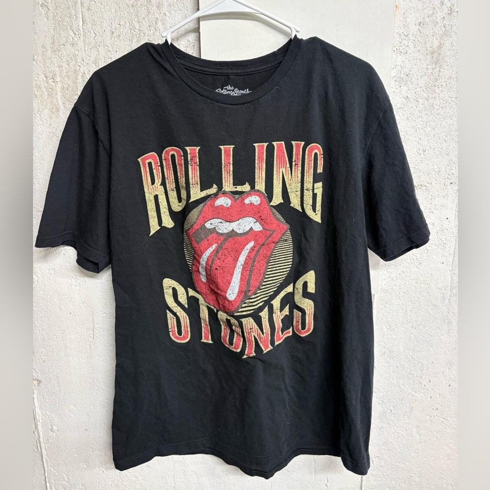 Rolling Stones Tongue Logo Graphic Tee Black Distressed Band Shirt Size L